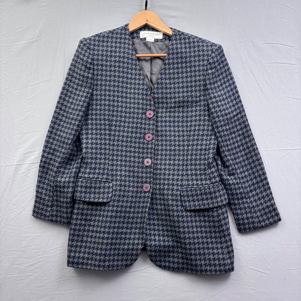 Jones New York Petite Wool Houndstooth Blazer Navy Grey V-Neck Jacket 10P USA